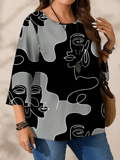 Loose Fit Round Neck 3/4 Sleeve Blouse with Abstract Face Print for Women