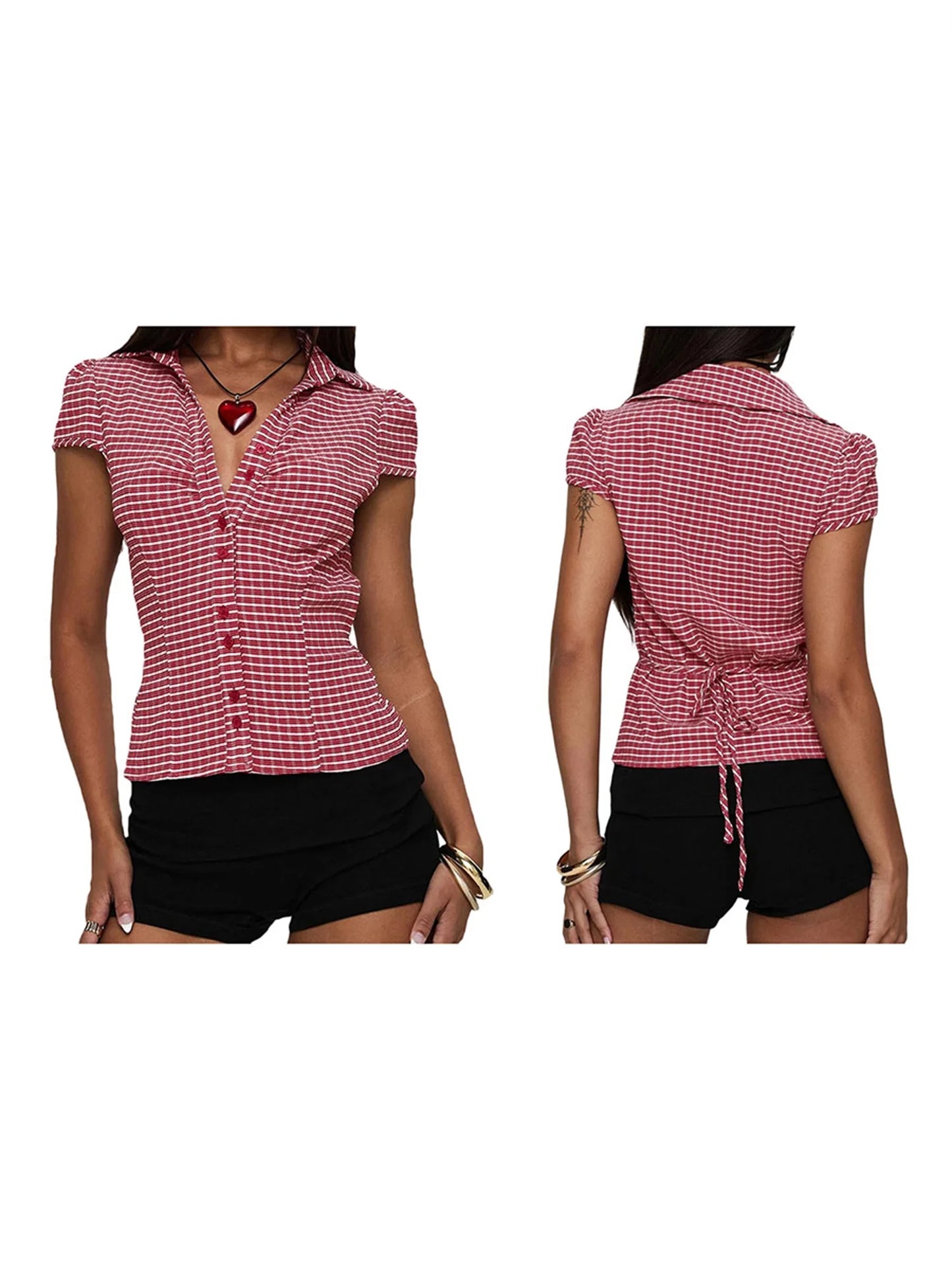 Women s Stylish Plaid Print Short Sleeve Shirt Lapel Button Down