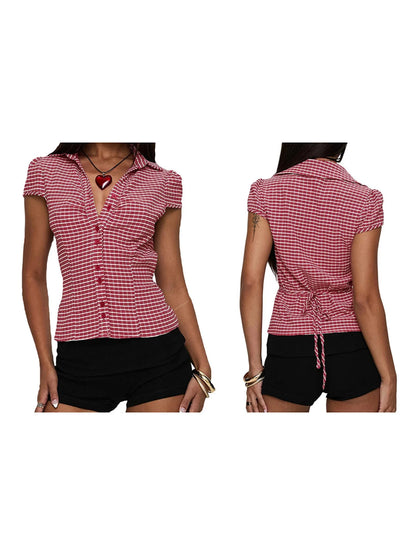 Women s Stylish Plaid Print Short Sleeve Shirt Lapel Button Down