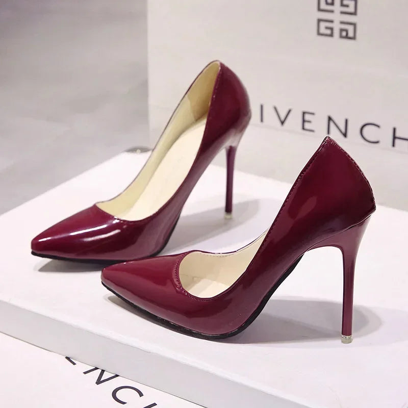 Nude Pumps Patent Leather Sexy Pointed Toe Thin Heel