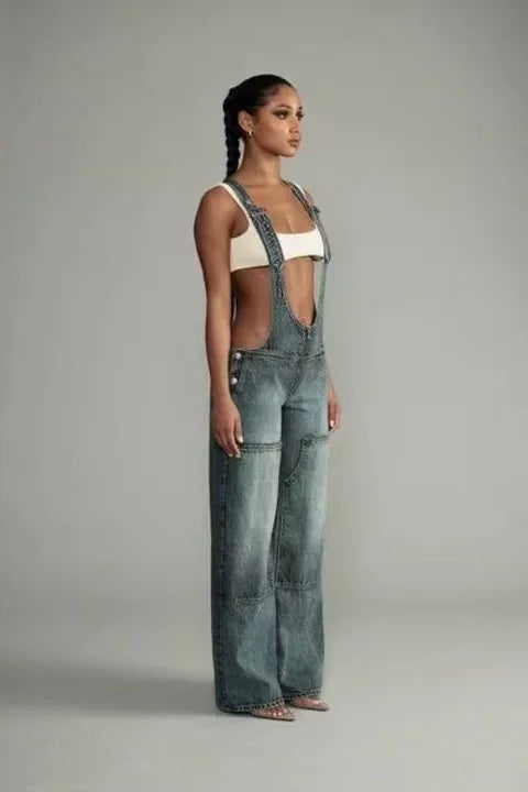 Low Waist shoulder Strap Wide Leg Jeans Low Rise Cargo Trousers with Straps