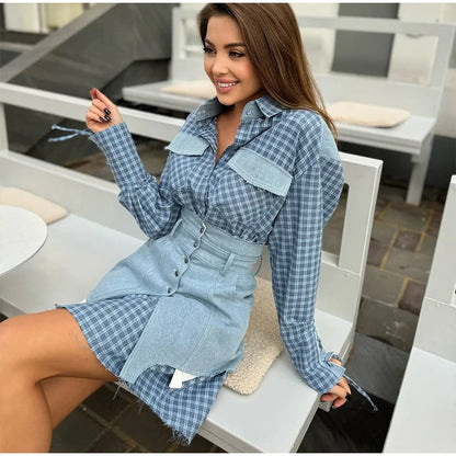 Lapel Color Blocked Shirt Waist Cinching Irregular Hem Short Skirt Set Woman Loose Long Plaid Shirt Patchwork Women Denim Suits