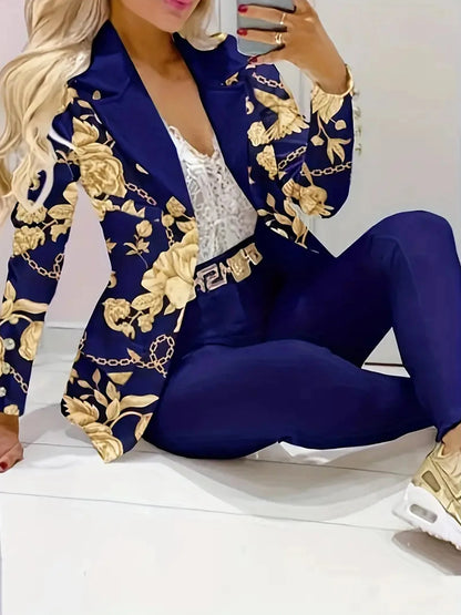 Women's Business and Leisure Two-Piece Suit Set, Solid Color Long-Sleeved Double-Breasted Suit Jacket and Floral Printed High-Waisted Skirt