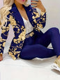 Women's Business and Leisure Two-Piece Suit Set, Solid Color Long-Sleeved Double-Breasted Suit Jacket and Floral Printed High-Waisted Skirt