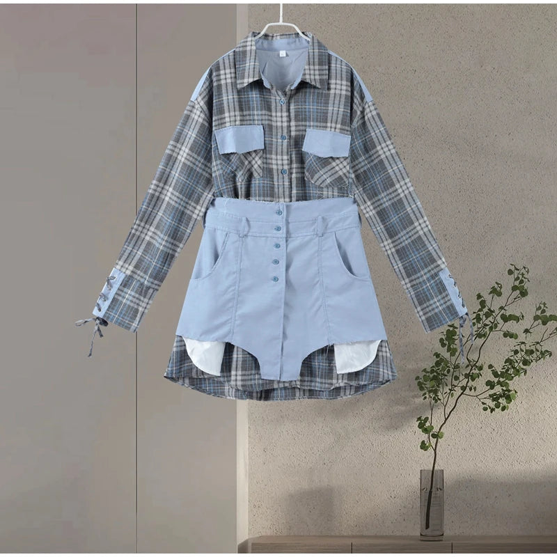 Lapel Color Blocked Shirt Waist Cinching Irregular Hem Short Skirt Set Woman Loose Long Plaid Shirt Patchwork Women Denim Suits