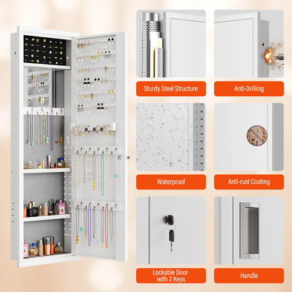 Mirror Jewelry Cabinet, 47.24" Tall Wall Mounted Jewelry Cabinet with Mirror and Light, Large Jewelry Armoire Organizer