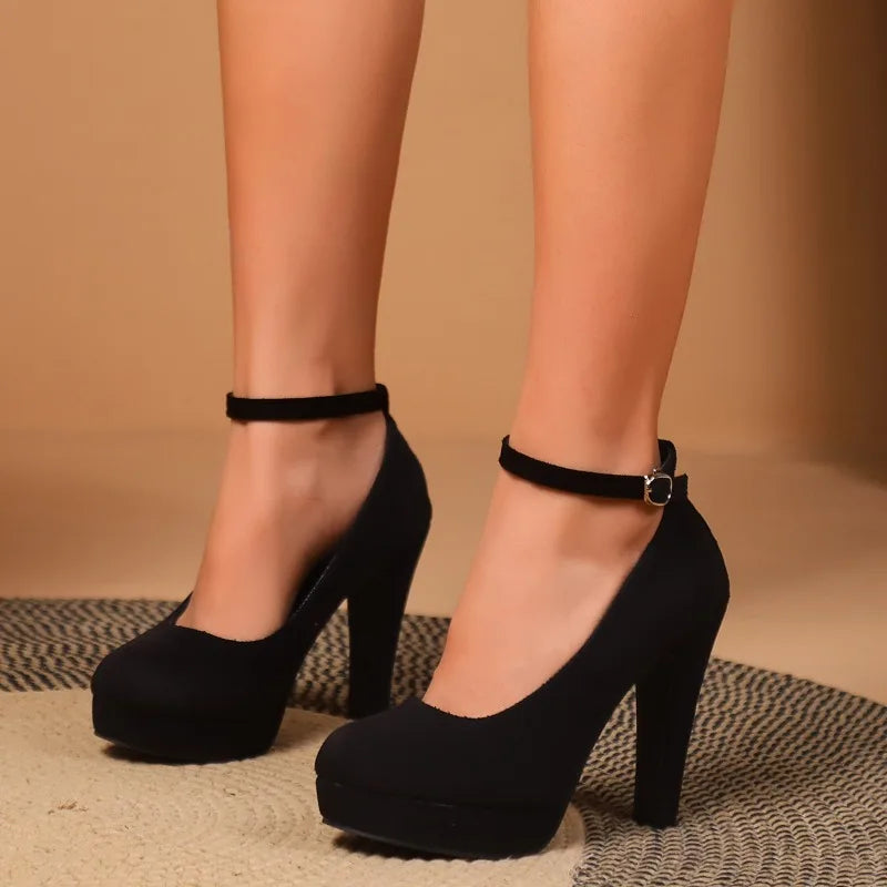 Large Size 42 Sexy High Heels Shoes Ankle Buckle Chunky Platform Pumps
