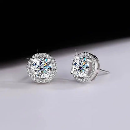 Silver Plated 925 Moissanite Stud Earrings 1 Carat Four-Prong Round Bezel Zircon