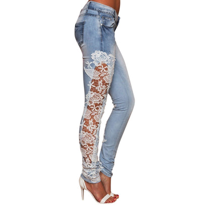 Hollow Out Floral Lace Pants Low Waist Slim Pencil Denim Jeans