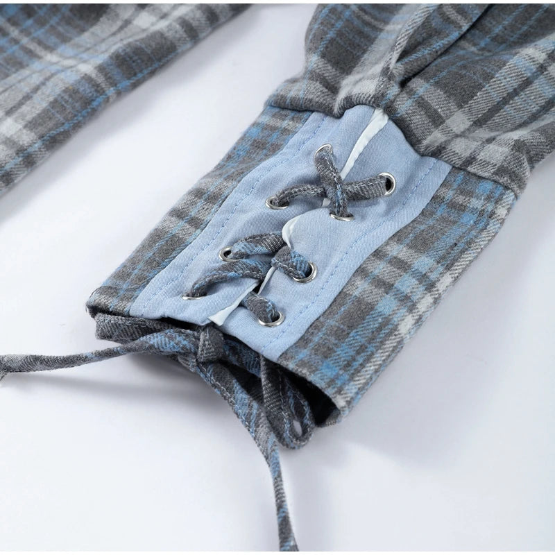 Lapel Color Blocked Shirt Waist Cinching Irregular Hem Short Skirt Set Woman Loose Long Plaid Shirt Patchwork Women Denim Suits