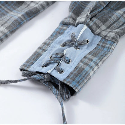 Lapel Color Blocked Shirt Waist Cinching Irregular Hem Short Skirt Set Woman Loose Long Plaid Shirt Patchwork Women Denim Suits