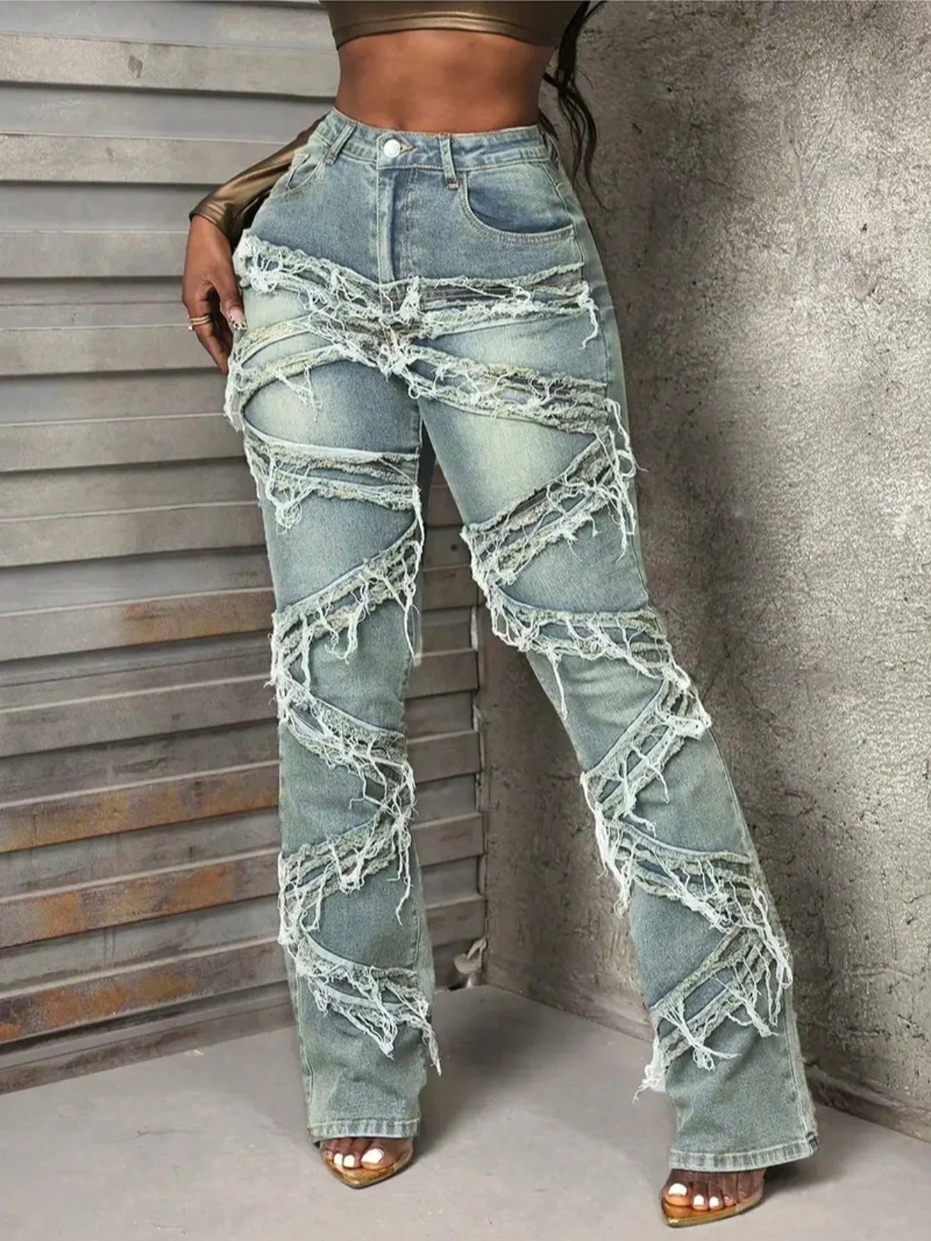 Fringed Distressed Flare Jeans - High Stretch Unique Tassel Design