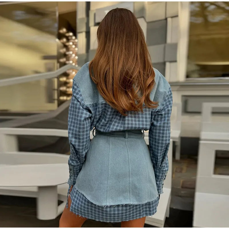 Lapel Color Blocked Shirt Waist Cinching Irregular Hem Short Skirt Set Woman Loose Long Plaid Shirt Patchwork Women Denim Suits