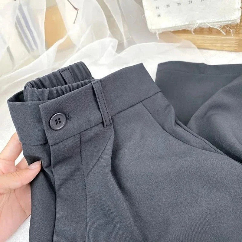 Fall Spring Black Suit Haren Pants Elastic High Waist Casual