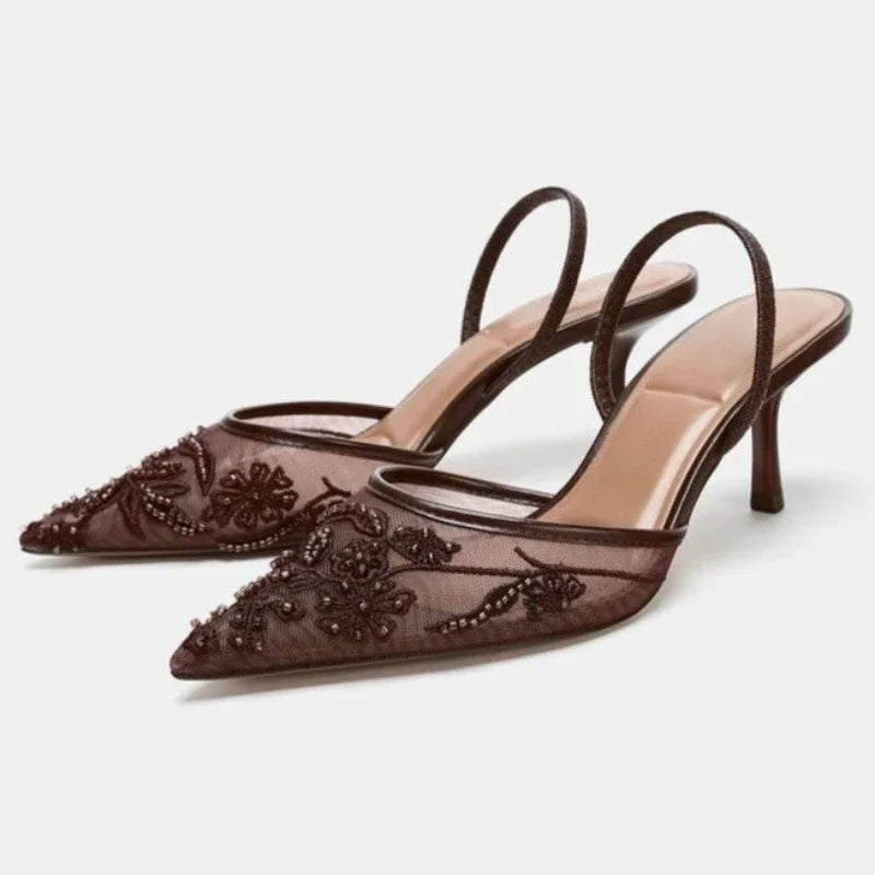 Brown String Bead Mesh Embroider Slingback High Heels Sexy Pointed Toe