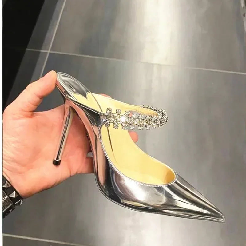 2025 New Fashionable Fine Heeled Muller Shoes with Pointed Water Diamond Chain Banquet