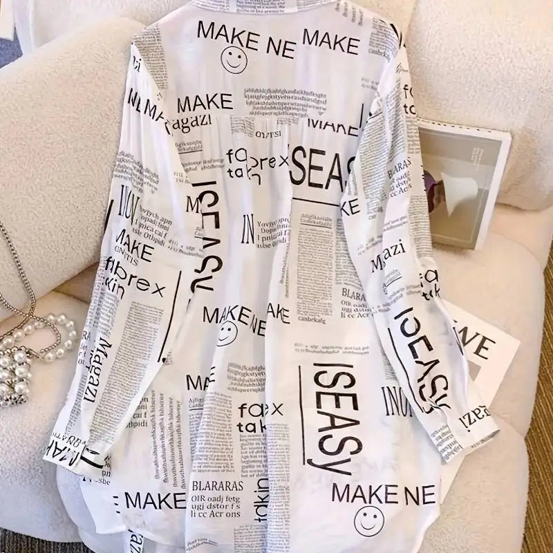 Plus Size Letter Print Shirt Oversized Casual Long Sleeve Top