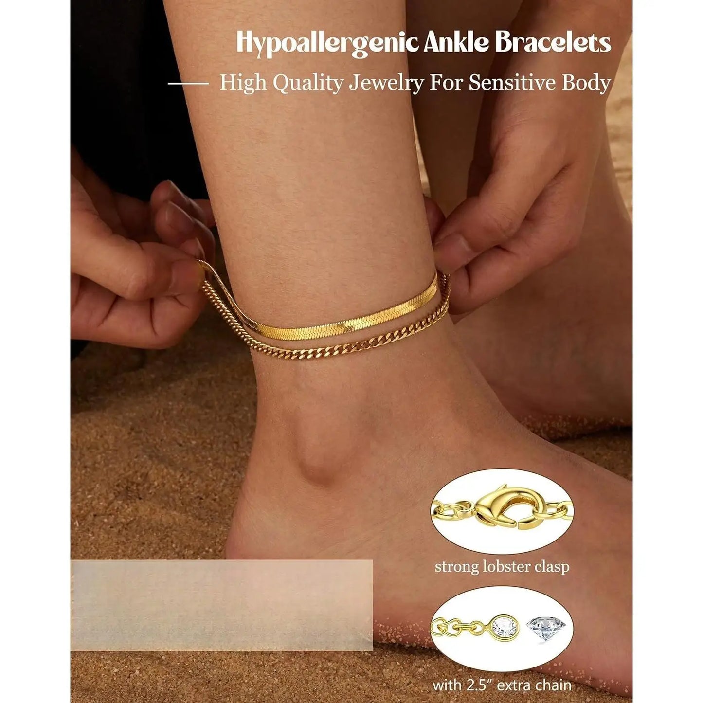 6PCS Ankle Bracelets for Women 14K Gold-plated  Anklets Stainless Steel