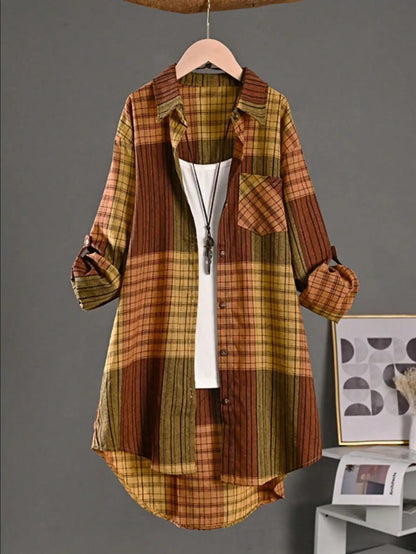 Plus Size Casual Retro Midi Women's Striped Plaid Loose Long Sleeve