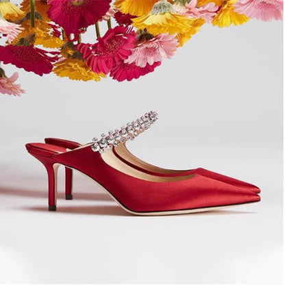 2025 New Fashionable Fine Heeled Muller Shoes with Pointed Water Diamond Chain Banquet
