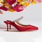 2025 New Fashionable Fine Heeled Muller Shoes with Pointed Water Diamond Chain Banquet