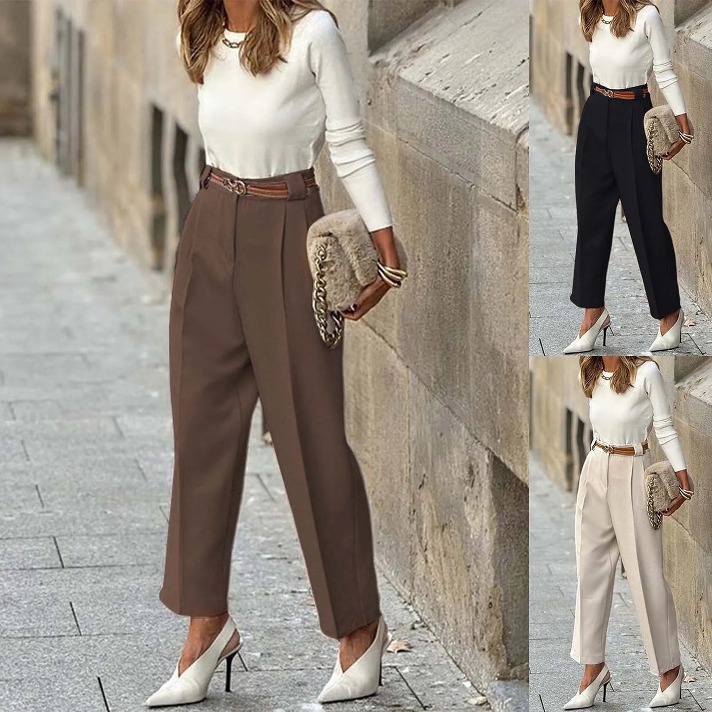 Elegant Women's Solid Color High Waist Ankle Length Straight Leg Dress Pants