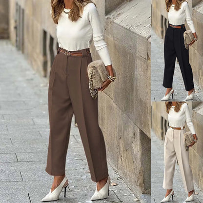 Elegant Women's Solid Color High Waist Ankle Length Straight Leg Dress Pants