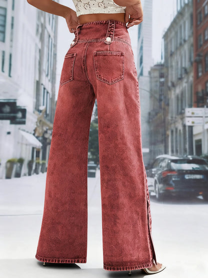 Ladies red-brown wide-leg Multiple buttons, slightly stretchy, mid-rise, denim jeans