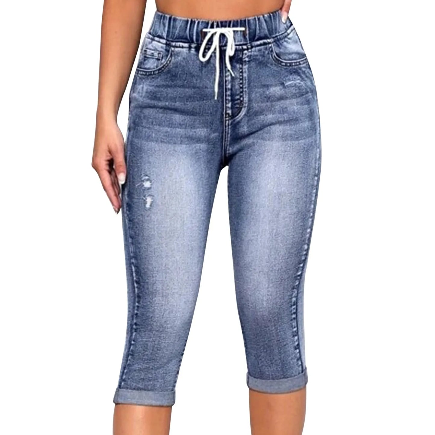 Women's Denim High Waist Slim Fit Drawstring Waistband Capri Pants