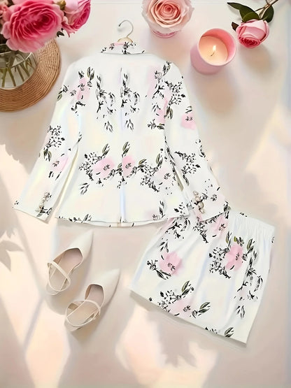 Women's Casual Two-Piece Suit Set, Long-Sleeved Flip-Top Double-Breasted Jacket and Mini Hip-Hugging Skirt