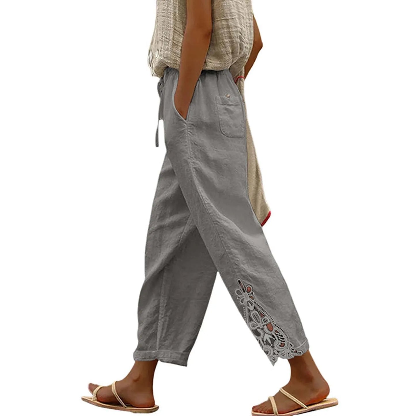 High Waist Casual Lace Spliced Pants Drawstring Pockets