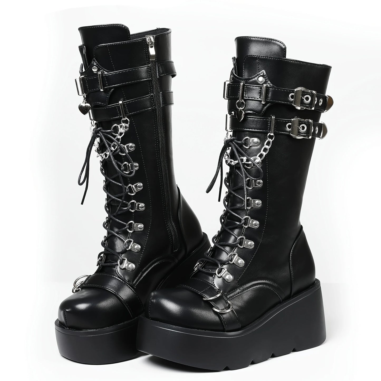 Women's Gothic Punk Combat Boots Wedge Heel Round Toe Mid-Calf Boot with Side Zipper
