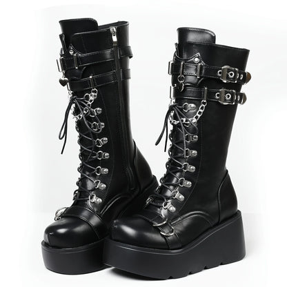 Women's Gothic Punk Combat Boots Wedge Heel Round Toe Mid-Calf Boot with Side Zipper