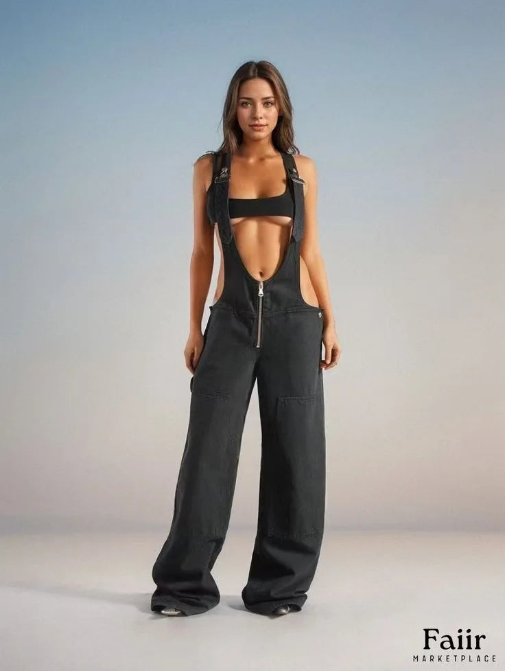 Low Waist shoulder Strap Wide Leg Jeans Low Rise Cargo Trousers with Straps