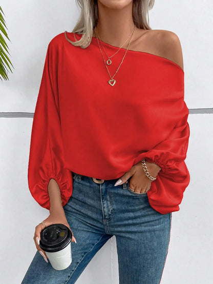 Red Asymmetric One Shoulder Blouse with Lantern Sleeve