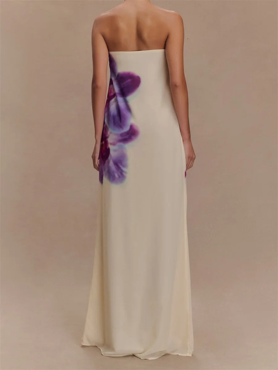 Women Long Dress Floral Print Tube Backless Casual Strapless Dress
