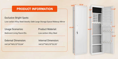 Mirror Jewelry Cabinet, 47.24" Tall Wall Mounted Jewelry Cabinet with Mirror and Light, Large Jewelry Armoire Organizer