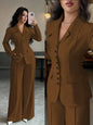 Cream Solid Color Tailored Blazer & Wide Leg Pants 2-Piece Set, V-Neck, Contrast Buttons,