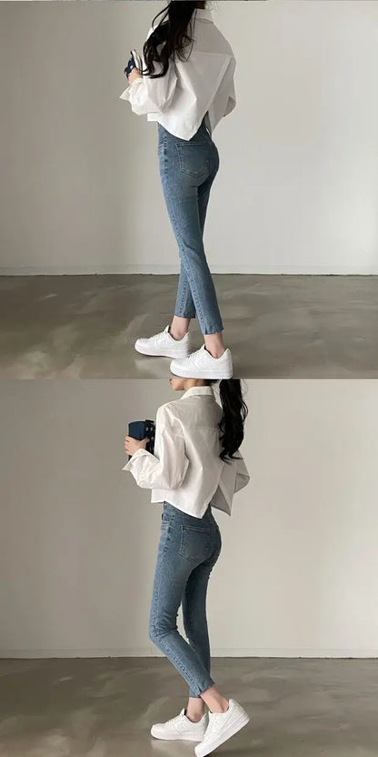 Spring New Casual Long Sleeve Women White Shirt Solid Button Split Woman Crop Tops