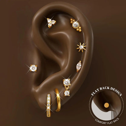 8 Pairs 20G Hypoallergenic Flat Back Stud,and Hoop Earrings
