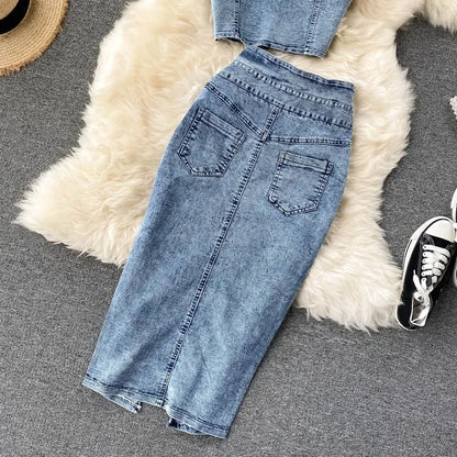 denim 2 piece outfits summer top and skirt