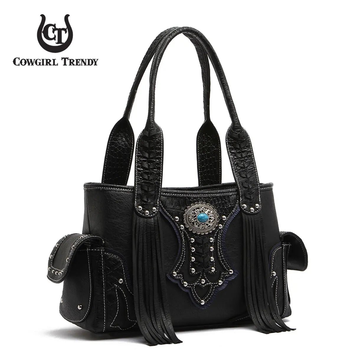 Western Style Cowgirl Woven Fringe Crocodile Gorgeous Purse Conchos Women Handbag Shoulder Bags Wallet Set
