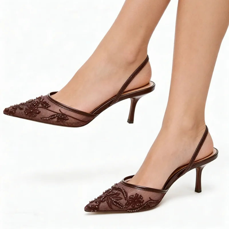 Brown String Bead Mesh Embroider Slingback High Heels Sexy Pointed Toe
