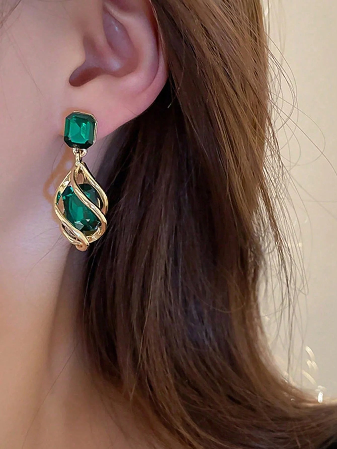 Green Gemstone Diamond Drop Earrings -