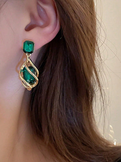 Green Gemstone Diamond Drop Earrings -
