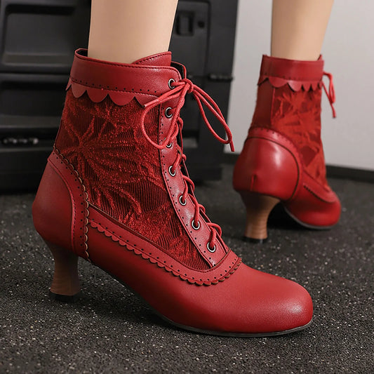 Women's Fashionable Classic Low Heel Ankle Boots Wicker Wedges Lace Color Blocked