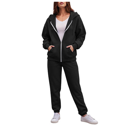 Women Long Sleeve Solid Color Hooded Sweatshirt and Pant