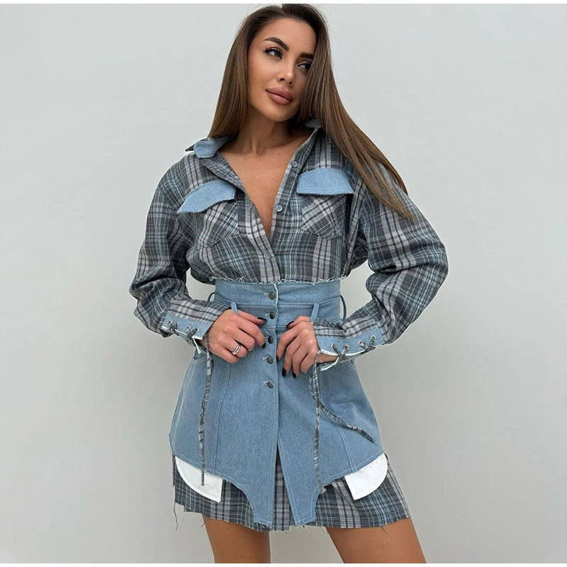 Lapel Color Blocked Shirt Waist Cinching Irregular Hem Short Skirt Set Woman Loose Long Plaid Shirt Patchwork Women Denim Suits