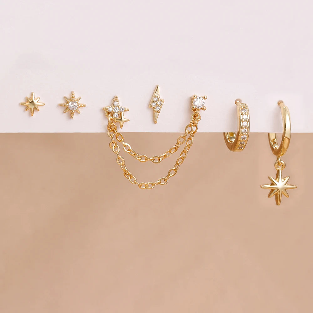 6PCS Fashion Cute Zircon Flower Ear Stud 18K Gold Plated Star Ear Stud Earrings