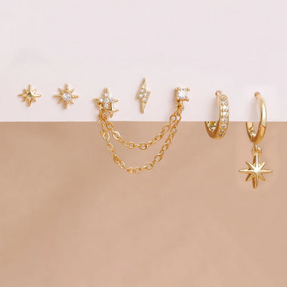 6PCS Fashion Cute Zircon Flower Ear Stud 18K Gold Plated Star Ear Stud Earrings